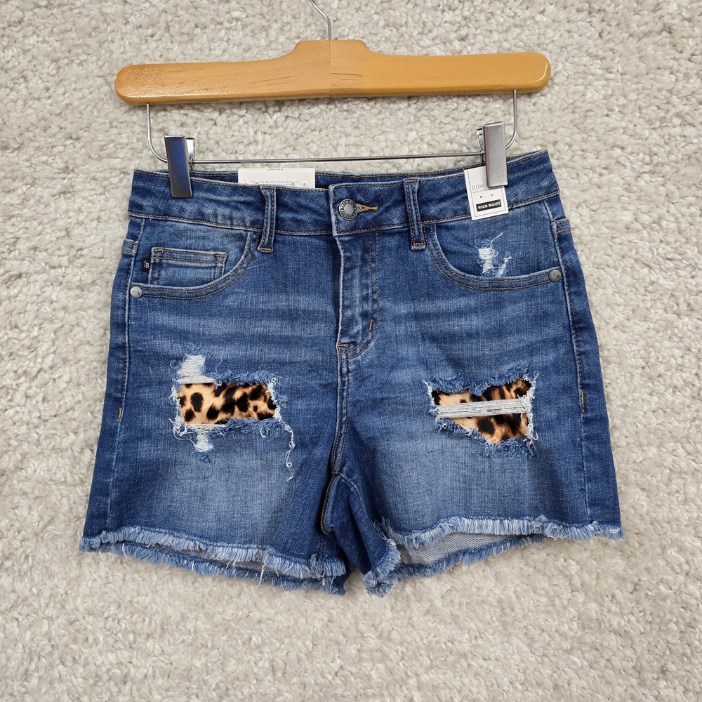 Judy Blue Leopard Distressed Denim Shorts Womens S Blue High‎ Waist Frayed Edge